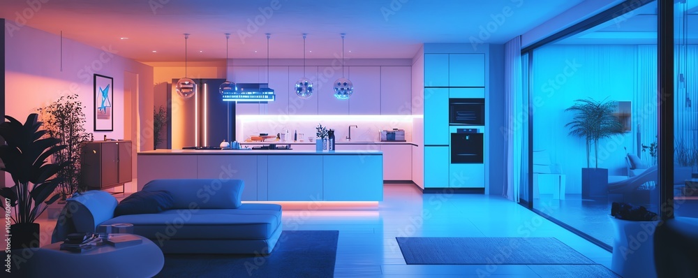 Poster smart home with blockchain integration, hightech design, secure virtual controls, futuristic ux