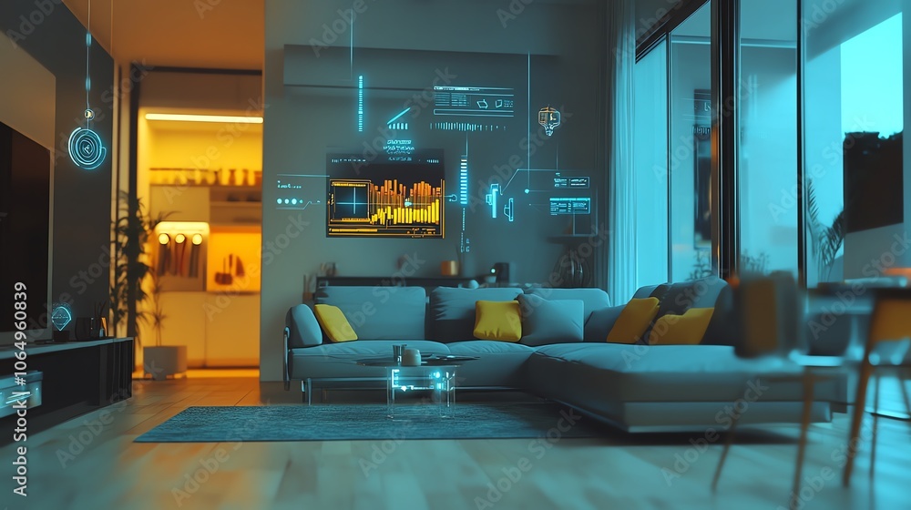 Poster smart home integration, secure blockchain connection, futuristic virtual design, smooth user flow