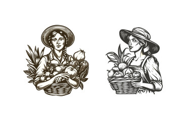 Obraz premium female farmer carrying a basket full of fruit vintage design vector