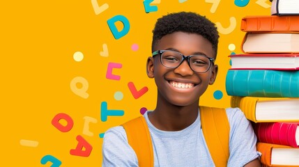 Young boy absorbed in reading as colorful letters float around him, symbolizing dyslexia challenges
