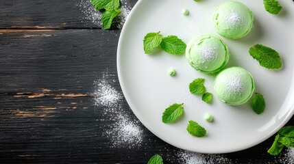 Mint Ice Cream Scoops on White Plate