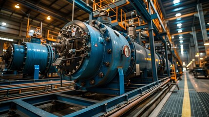 Naklejka premium A blue industrial boiler located in a modern factory, featuring large equipment with pipes and gauges, representing the operational setup of steel machinery