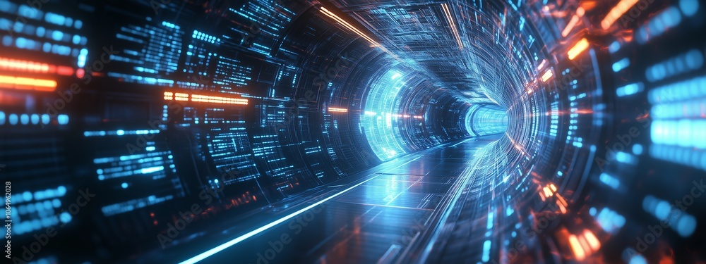 Aufkleber futuristic tunnel with glowing lights and data streams, showcasing advanced technology in a digital 