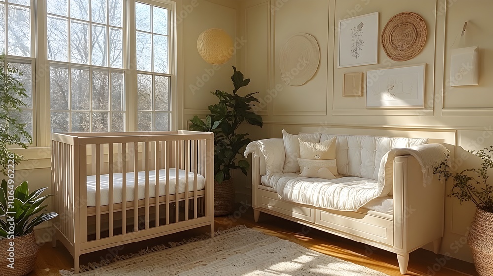 Poster a serene and minimalist baby nursery space featuring a simple crib with soft beige bedding and clean
