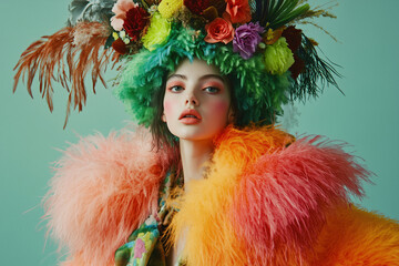 A young woman dressed in a bright outfit with a headdress of flowers and feathers and a multi-colored fur coat.