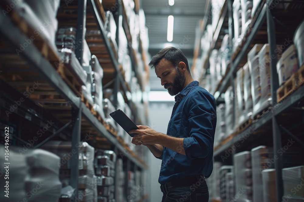 Poster a diligent male worker in a modern warehouse, intently using a tablet among stocked shelves. the ima