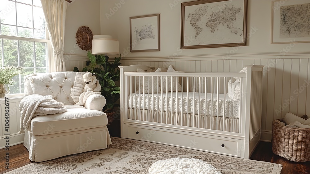 Poster inviting minimalist nursery with soft textures and neutral color palette for a calming and serene at