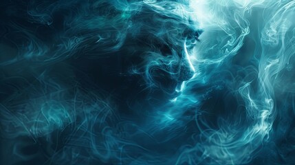 Obraz premium The haunting, ghostly face drifts within an otherworldly blue mist, producing a chilling atmosphere and a supernatural theme