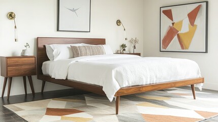 A serene bedroom exhibiting a sleek walnut platform bed with crisp white linens