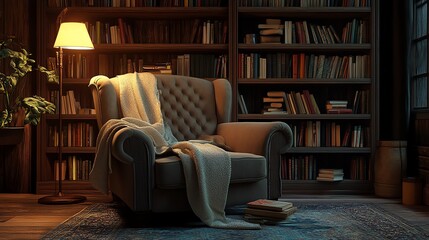 Cozy reading nook with an armchair, blanket, books, and warm light ambiance.