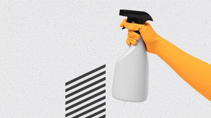 Hand with yellow glove holding spray