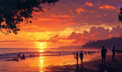 Fototapeta premium Sunset silhouettes on a beach.