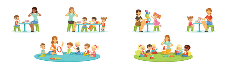 Preschool Boy and Girl Sitting on the Floor with Alphabet Letter Vector Set