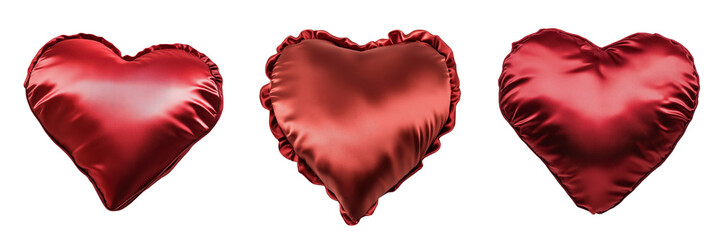 Set of red satin heart-shaped pillow isolated on a transparent background