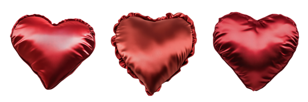 Set of red satin heart-shaped pillow isolated on a transparent background