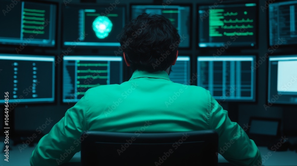 Poster the code breaker: a lone figure hunches over a bank of glowing computer screens, absorbed in a world