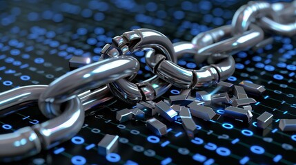 A broken chain symbolizing digital security breach against a blue and white binary code background
