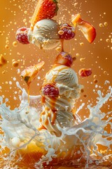 Delicious combination: ice cream scoops, fruits, and caramel create the perfect dessert.