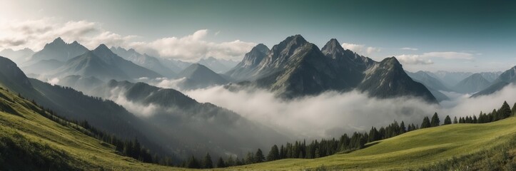 Obraz premium A breathtaking view of misty mountains and green valleys in a tranquil landscape at sunrise
