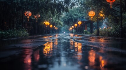 Fototapeta premium A wet street with lantern reflections in water at night