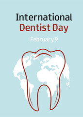 International Dentist Day. February 9. Vector silhouette of tooth and text. Blue vertical medical banner, greeting card, presentation, flyer.