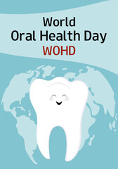  Cute tooth and world map. World Oral Health Day. March 20. Banner, greeting card, presentation.