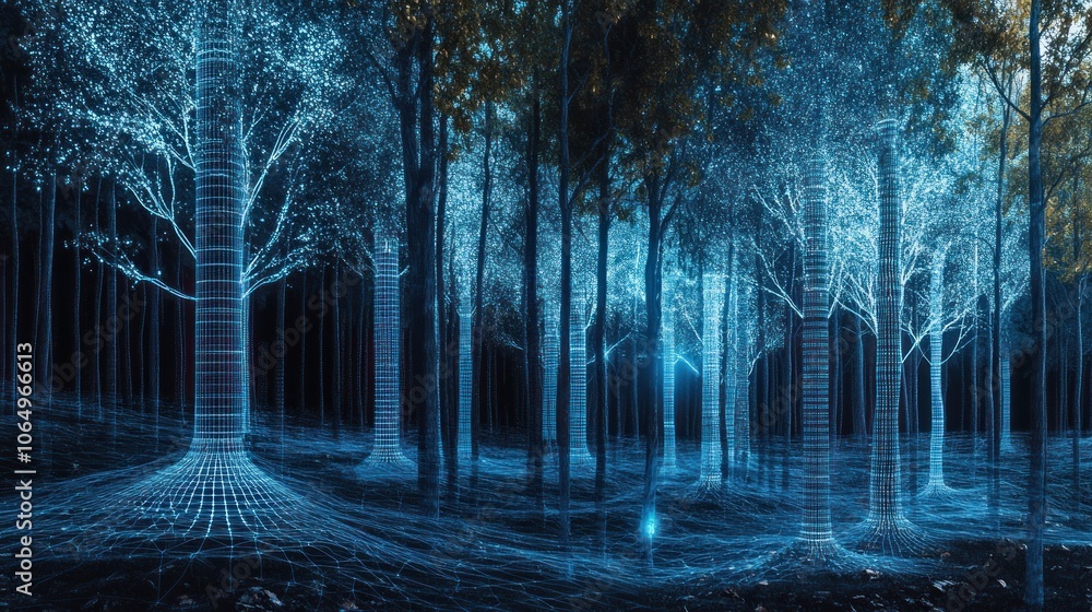 Poster a digital rendering of a forest with glowing blue lines and roots.