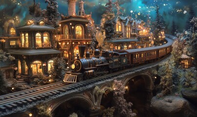 Model train travels through miniature village.