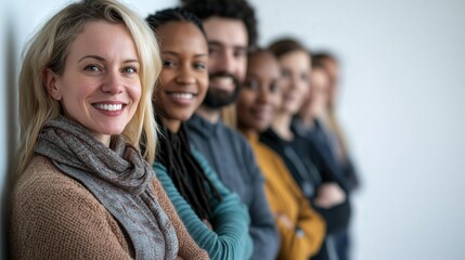 Obraz premium Diverse group of professionals standing in line, smiling confidently, showcasing teamwork and collaboration in a modern office environment.