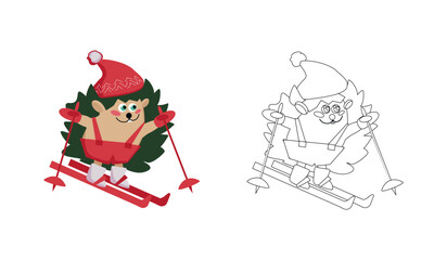 Coloring page cartoon cheerful character hedgehog in a hat and mittens on skis - vector flat illustration, black outline on a white background and an example in color for children's educational books