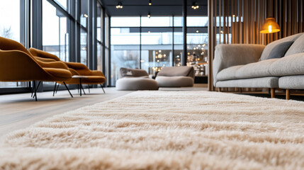 Modern lounge area with large windows, featuring neutral-colored armchairs and sofas, a soft beige rug, and warm ambient lighting in a spacious setting.
