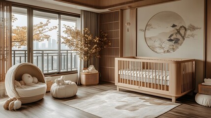 Peaceful and Tranquil Chinese Inspired Minimalist Baby Nursery with Pastel Crib and Carved Wood Furniture  The room features a calming color palette natural materials