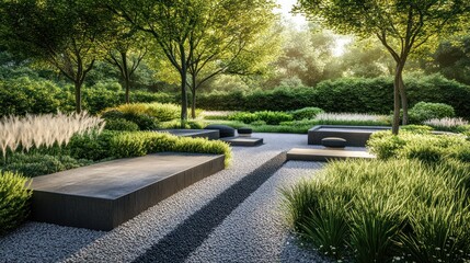 Fototapeta premium A modern minimalist garden design with a gravel path, lush greenery, and stone benches.