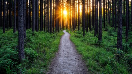 Obraz premium Forest Path Sunset: A winding path through a lush forest bathed in the golden light of a setting sun. The image evokes a sense of peace, adventure, and the journey ahead. 