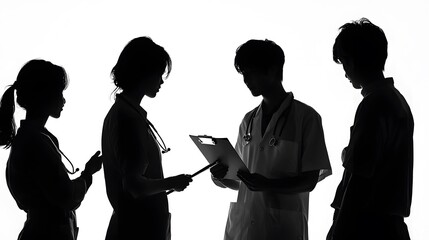 Silhouettes of medical professionals discussing a patient's chart, white isolated background.
