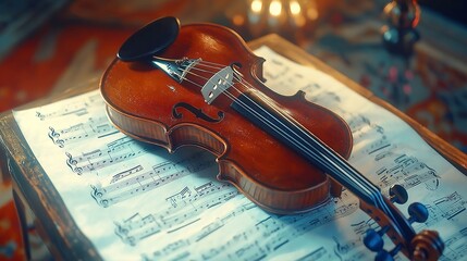 Naklejka premium Old Violin on a Sheet of Music Notes: An antique violin resting on sheet music, capturing a moment of nostalgia. --ar 16:9 --personalize v73lhwr --v 6.1 Job ID: f057abca-78a4-41fa-8a56-87fb03c8caff