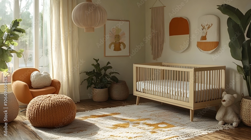 Poster soft and calming pastel modern nursery with an open layout crib neutral walls and simple decor accen