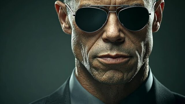 A man in a suit and sunglasses stares intently at the camera, his expression unreadable