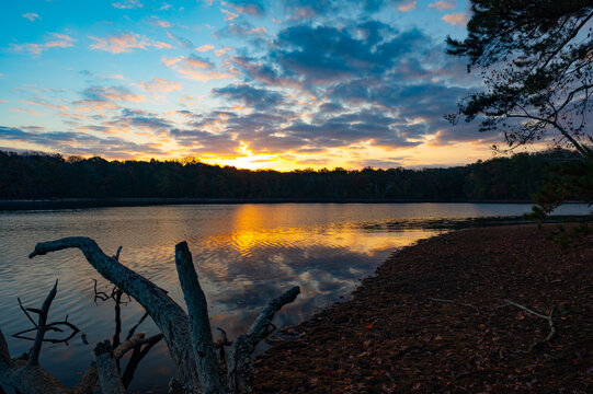 Sunrise just starting to peak over the water on Lake Chickamauga, Harrison Bay State Park, Tennessee