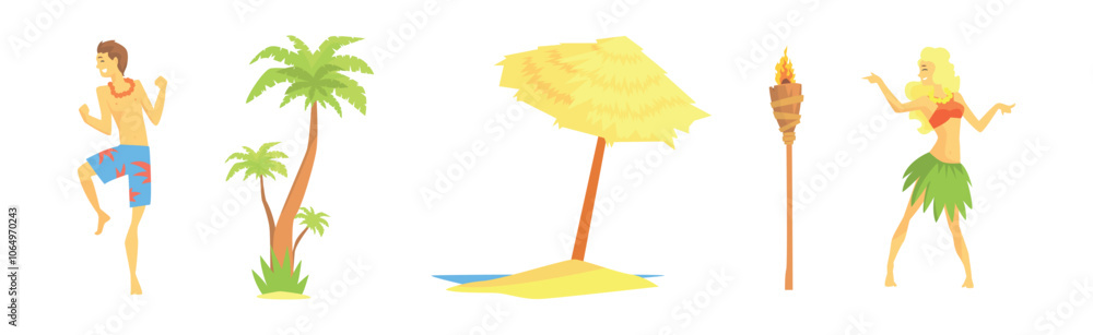 Poster hawaiian party symbol and object colorful vector set