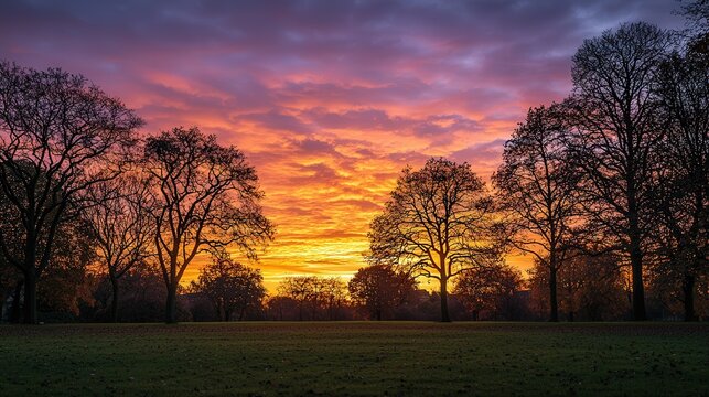 Vibrant sunset over a serene park, silhouettes of trees against a colorful sky, creating a peaceful and picturesque landscape.