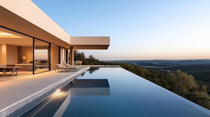 Fototapeta premium Modern luxury house with glass walls and infinity pool overlooking a scenic landscape during sunset, featuring outdoor seating and minimalistic architecture.