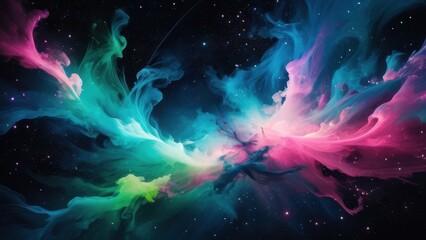Vibrant cosmic swirl of colors resembling a nebula, showcasing shades of pink, green, and blue against a starry background, perfect for space-themed designs