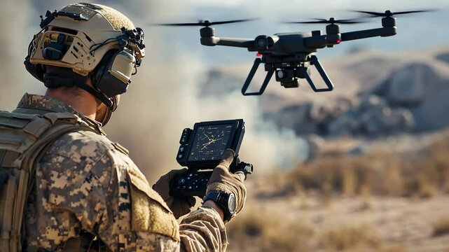 A soldier operates a drone in a military training exercise