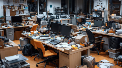 Cluttered office space with multiple desks and computer monitors, scattered papers, cardboard boxes, and various office supplies, creating a chaotic workplace environment.