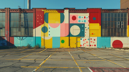 Public Art Installation: A colorful mural painted on the side of an industrial building, adding...