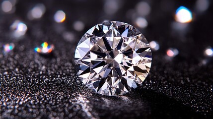 Fototapeta premium A brilliant cut diamond sparkling against a sleek black background, with light reflecting off its facets