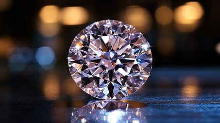 Fototapeta premium A brilliant-cut diamond resting on a reflective surface, its facets casting dazzling reflections of light