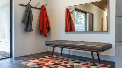 A stylish mid-century entryway with a sleek bench