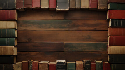 Stack of Vintage Books with Wooden Background Frame